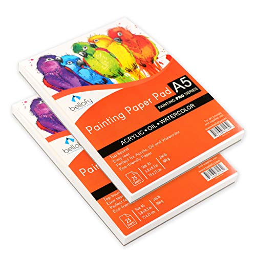 Bellofy A5 Painting Paper Pad Set of 2 - 25 Sheets / 50 Pages - Acrylic Oil Watercolor Cold Pressed Rough Finish Paper - 5.8 x 8.3 inch Small 246 lB / 400 GSM - Art Paper For Kids