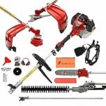 52cc 5 in 1 Multi Function Garden Tool Petrol Strimmer Hedge Cutter Chainsaw Trimmer Pruner & Extension Pole Recoil start