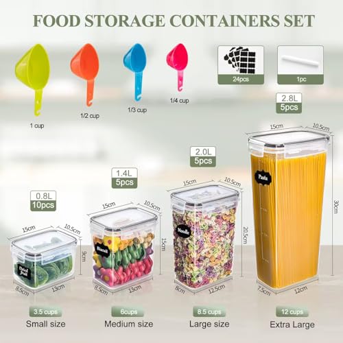 CHARBAG 25 Piece (40 ltr) Airtight Food Storage Containers with Lids, BPA Free Kitchen Storage Containers, Stackable Pantry Food Containers, Pasta Storage Containers, Labels and Measuring Cups - Image 3