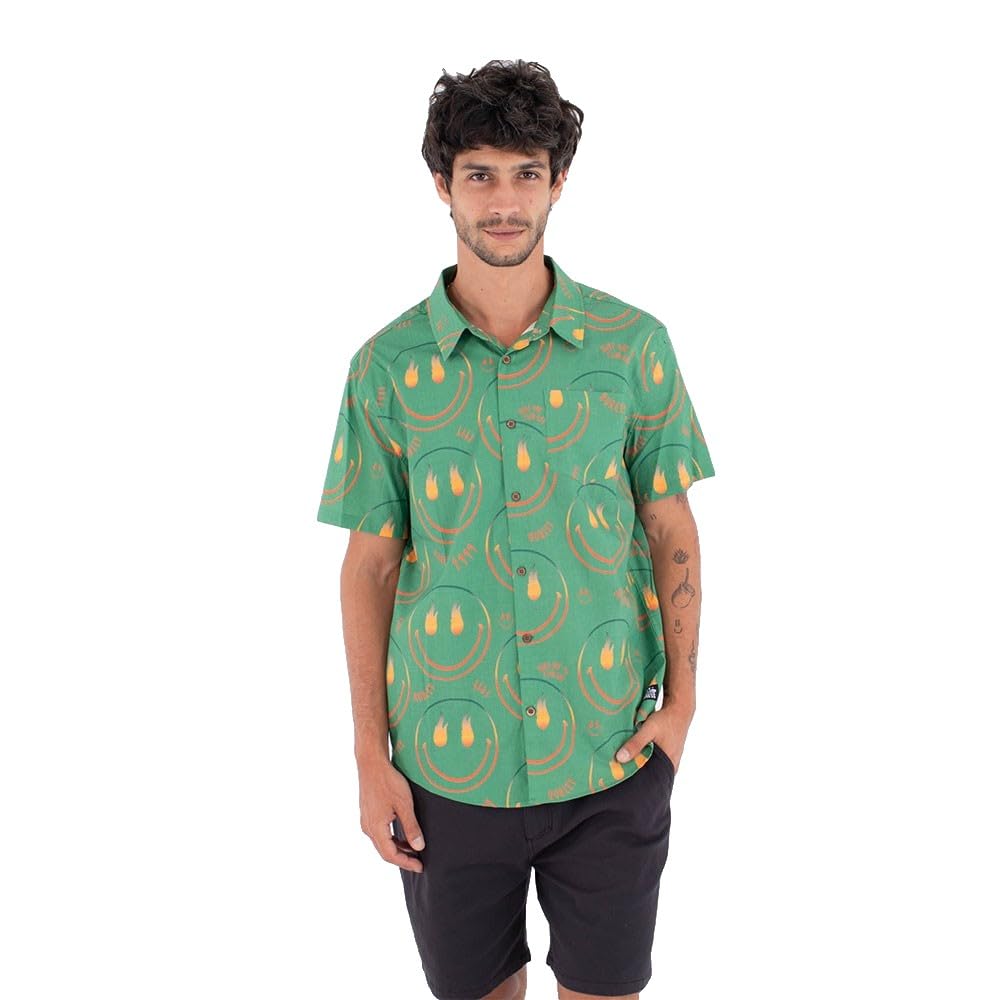 Hurley M Woven SS Printing Press Happy FACE Green