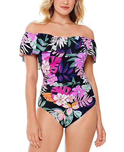 Swim Solutions Deco Printed Off The Shoulder Ruffle Tummy Control One-Piece Swimsuit Multi 18