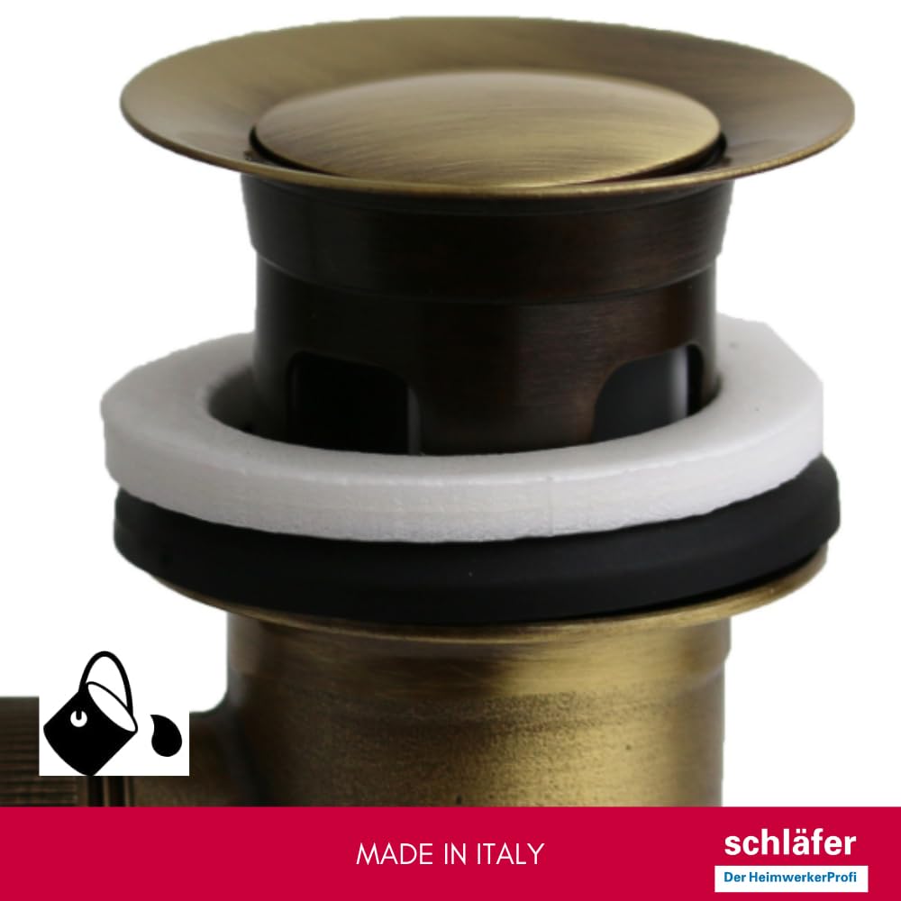 Schläfer 40510210 | Piletta Universale con Tappo Saltarello in Metallo Pesante per Scarico Lavabo Bagno e Bidet 1"1/4 con Troppopieno. Finitura Bronzo Antico, Vecchio Ottone