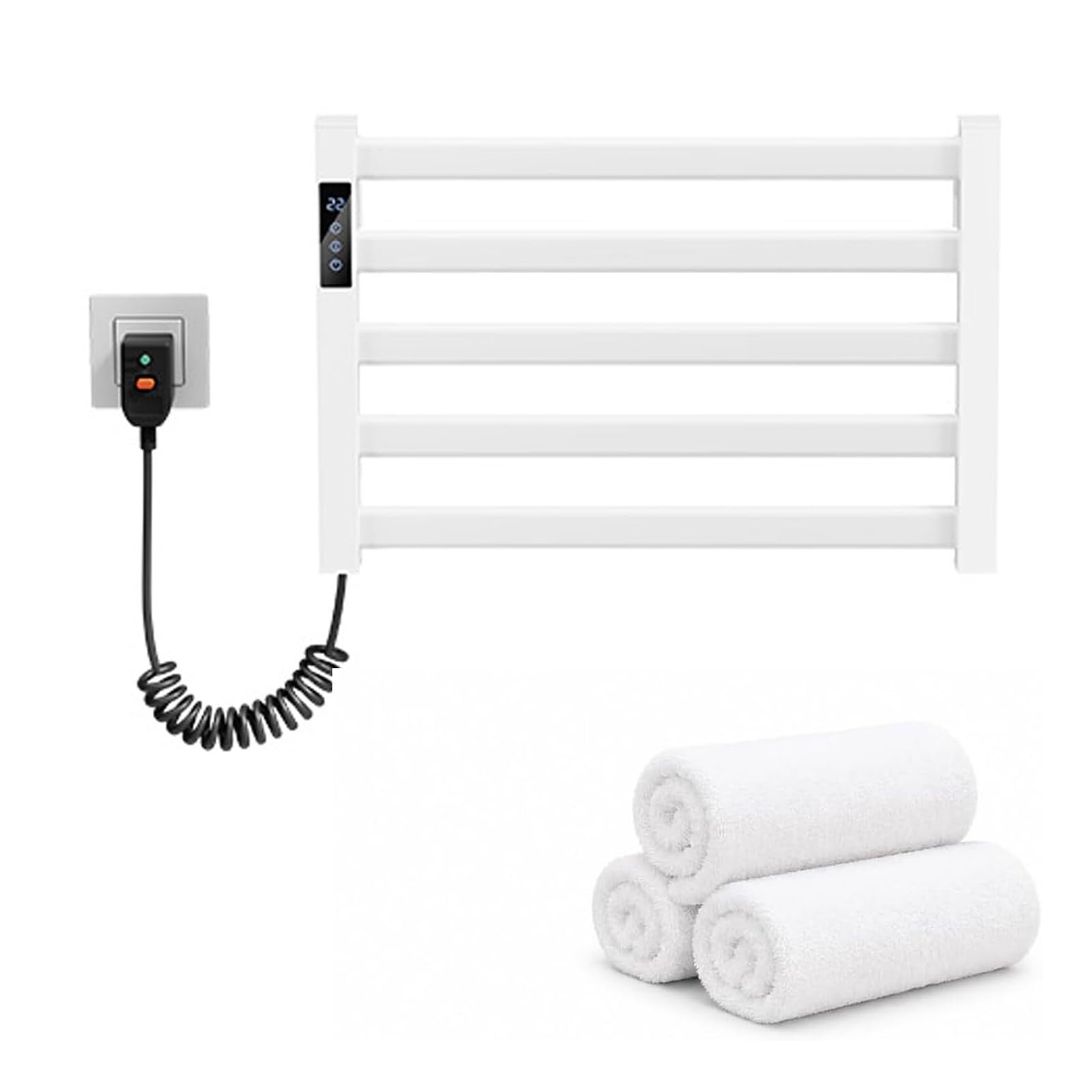 Elektrischer Handtuchhalter Wandmontage Fünf Bar Aluminium Heizung Timer | Mehrstufige Temperaturanpassung Warme Handtücher Badezimmer Gäste WC Wellnessbereich Sauna Spa Hotel(Weiß,Left Exit)
