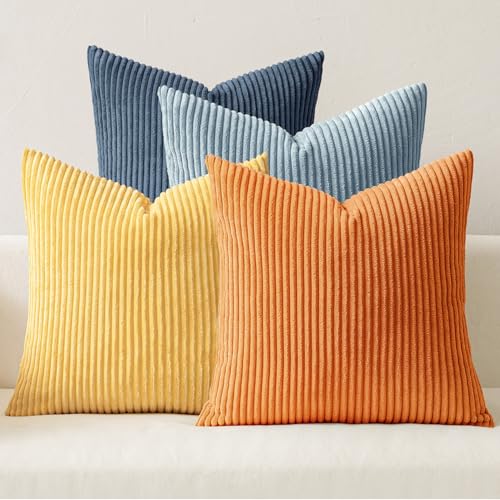 Image of MIULEE Pack of 4 Blue-Orange Corduroy Decorative Throw Pillow Covers 18x18 Inch Soft Boho Striped Pillow Covers Modern Farmhouse Home Decor for Summer Sofa Living Room Couch Bed