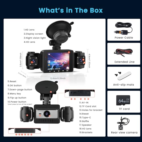 Inefala Dash CAM Coche con 4 Camaras 1080P Delantera y Trasera Izquierda Derecha Tarjeta SD de 64GB, Camara Coche Grabadora con Grabación en Bucle Sensor G Visión Nocturna Asistencia de Respaldo - imagen 5