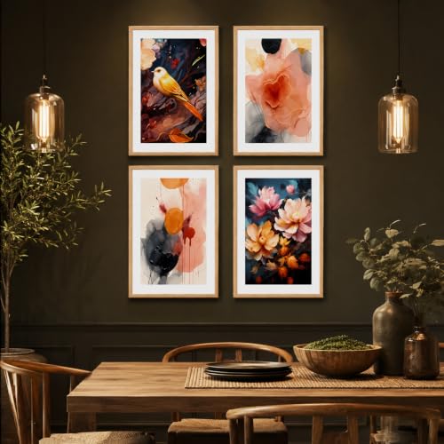 Image of Livin'luxe Set of 4 Floral Bird & Abstract Wall Paintings with Sparkle Laminate and Premium Wooden Synthetic Frame for Living Room Bedroom Office Decor (13.5 x 19.5 Inch)