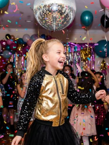 Image of WELAKEN Girls Sequin Sparkle Zip Bomber Jacket | Sequin sleeves, shiny bomber style, ribbed trim, smooth zipper and side pockets for party, dance, school and photos