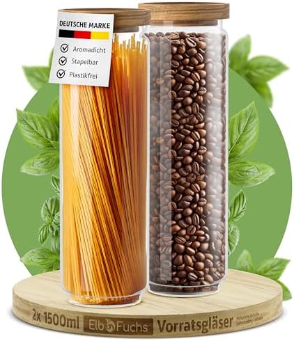 ElbFuchs Vorratsgläser mit Deckel luftdicht I 2x 1500ml I BPA-FREI & MOTTENSICHER I Vorratsdosen aus Borosilikatglas mit Holzdeckel I Aufbewahrungsgläser für Spaghetti I 1500ml I