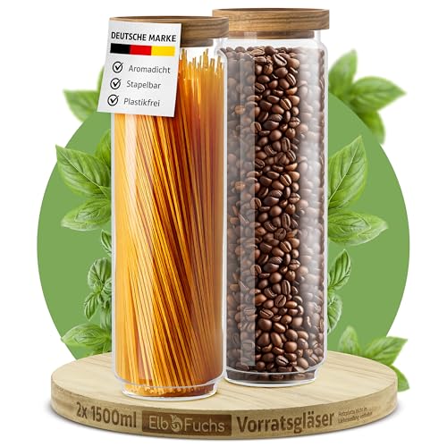 ElbFuchs Vorratsgläser mit Deckel luftdicht I 2x 1500ml I BPA-FREI & MOTTENSICHER I Vorratsdosen aus Borosilikatglas mit Holzdeckel I… – Ansicht 1