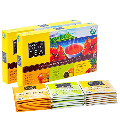 Image of Hawaiian Natural Organic Tropical Fruit Tea Sampler - Green, Black, White Tropical Fruit Tea Blends, Gift Box Set For Special Occasions - 48 Bags