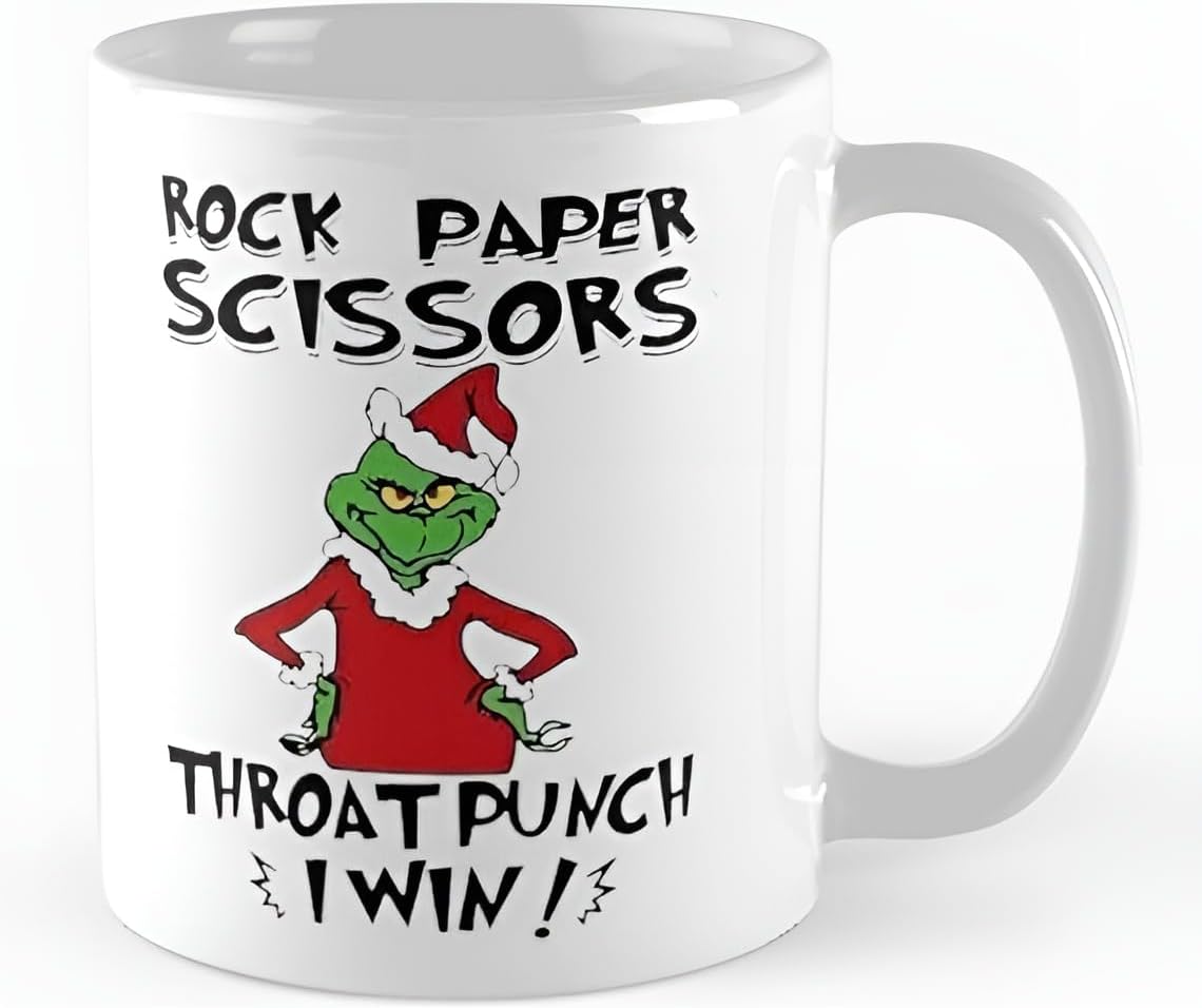 Spoil Your Wall Funny Rock Paper Scissors Throat Punch Playing With The Grinch Printed on Ceramic Coffee Mug | Gift for Christmas Festival | Size 11oz | Color White