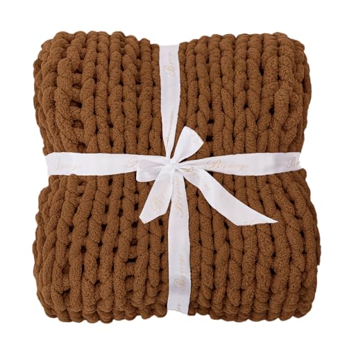 Bigacogo Chunky Knit Throw Blanket for Couch, 51x63 inches, 100% Hand Knitted with Thick Jumbo Chenille Yarn, Cozy Soft Large Rope Knot Cable Crochet Blankets for Sofa Bed Living Room, Caramel