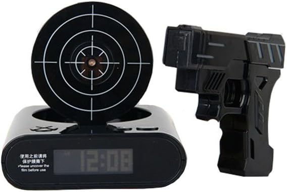 Shooting alarm clock creative personality lovely lazy nemesis electronic clock alarm pistol shooting (Bright black color)