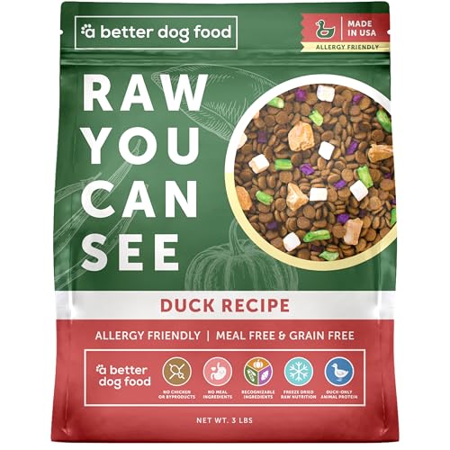 A Better Treat | Allergy Friendly Duck Dry Dog Food | Raw You Can See | No Chicken Duck Only Animal Protein No Meal Ingredients Grain Free | Stomach Soothing Kibble + Freeze Dried Raw Dog Food