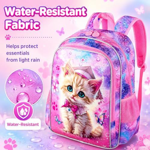 Image of AGSDON 3PCS Backpacks for Girls, 16 inch Elementary Kids Cute Cat Backpack Preschool School Bookbags and Lunch Box