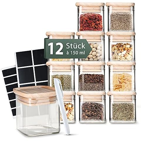Celeko Home Gewürzgläser Set 150ml Stapelbar Eckig Holzdeckel Gewürzbehälter Gewürzdosen Glas Gewürze Aufbewahrung Vorratsgläser Glass Spice Jars Cover
