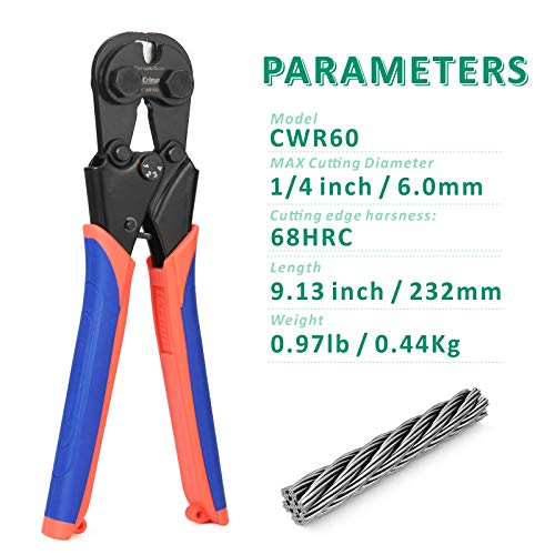 Image of iCrimp Wire Rope Cutter for Max 6mm Stainless Steel Cable | CWR60 cutter, 68HRC hard cutting blade, labor saving ratchet, for copper piano bike marine fence aircraft cables