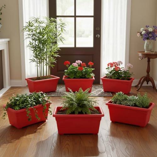 Image of Plastic Window Planters | Garden Planting Pots | Flower Plant Pots for Home Garden & Balcony | Flower Planters for Balcony and Terrace Gardens | Pack of 5 (Red)