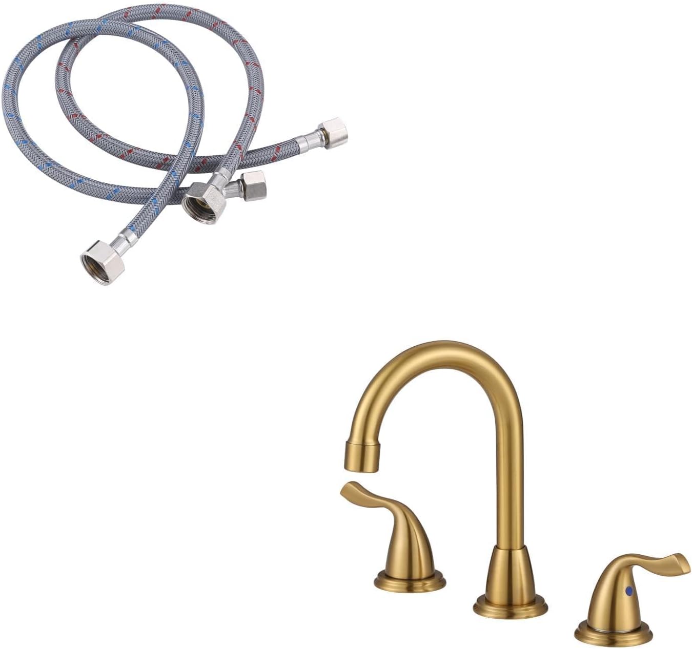 60 Inch 3/8" x 1/2" Faucet Supply Line and Brushed Gold Bathroom Faucet 3 Hole