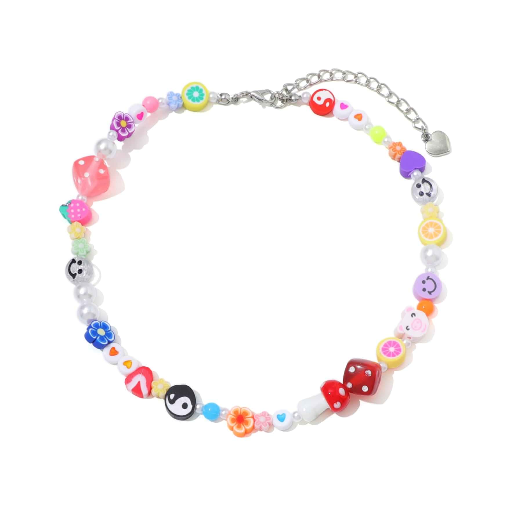 Y2K Necklace for Women Colorful Fruit Pearl Choker Necklace Cute Mushroom Yin Yang Beaded Necklace Handmade Resin Flower Jewelry (Style 1)