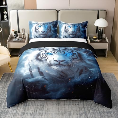 Feelyou Tiger Bedding 100% Cotton Duvet Cover Set King Size Safari Cat Print Bedding Set for Kids Boys Girls Wildlife Comforter Cover Set Wild Animal Bedspread Cover，No Comfrter