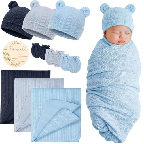 Image of BQUBO 3 Sets Baby Swaddle Blankets Swaddling Wrap with Hats Mittens Newborn Soft Silky Nursery Receiving Blanket Cute Bear Ears Hat Elastic Gloves Set for Unisex Baby 0-3 Months