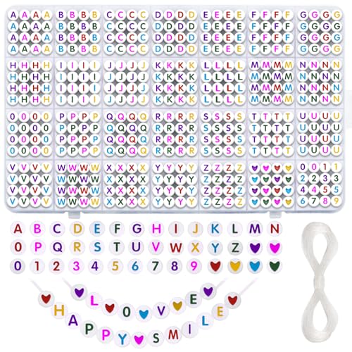 Liangding 1100 Piezas Cuentas Para Pulseras, 7 X 4 Mm A-Z Colores Redondos Abalorios Letras Con Corazón Y Números Del 0 Al 9, Letras Pulseras Friendship Bracelet Kit, Diy Manualidades