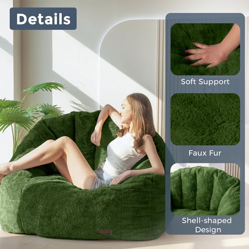 Image of MAXYOYO Giant Bean Bag Chair, Oversized Bean Bag Couch for Adults and Kids, Faux Fur Shell-Shaped Large Chair with Filler, Stuffed Big Accent Sofa Floor Sofa for Gaming, Reading, Green