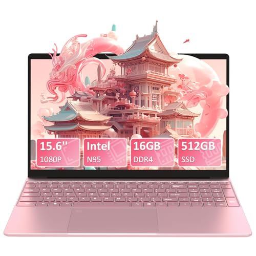 Auusda Ordenador Portátil Rosa 15.6 Pulgadas, 16 GB DDR4 RAM 512 GB SSD(N95 Up to 3.4 GHz)Desbloqueo de Huellas Dactilares,Cámara Web,MicroSD,USB3.0,HDMI,Portátil Ultraligero para Estudiantes/Negocios