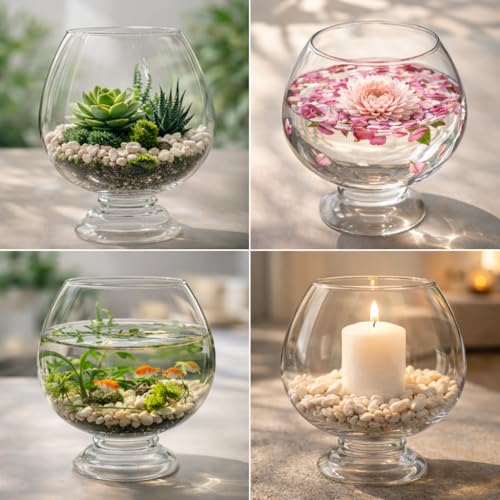 Image of Glass Fish Bowl /Terrarium Wine Cup Shape Clear Glass Aquarium for Fish, Plants & Pebbles, Decorative Centerpiece for Home, Living Room, Office & Balcony (12 Inch)
