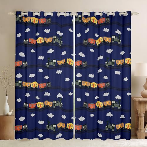 Erosebridal Cartoon Train Blackout Curtains Navy Locomotive Train Curtains 38''Wx54''L,Smoking Steam Engine Drapes for Bedroom for Kids Toddler Cute Clouds Transportation Cars Window Treatments