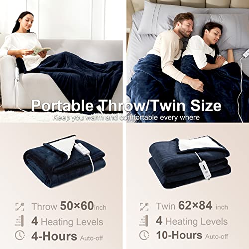Hansleep Heated Blanket Electric Blanket Throw - Heating Blanket With 4 Heating Levels 4 Hours Auto Off, Super Cozy Machine Washable Sherpa Electric Throw Fast Heating, 50 X 60 Inches, Navy #TOP1