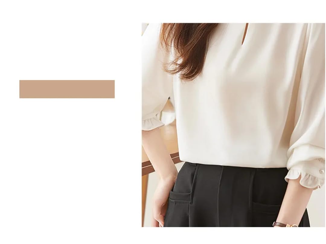 Blusas de satén con cuello de volantes para mujer, elegantes, con un solo botón, transpirables, de manga larga