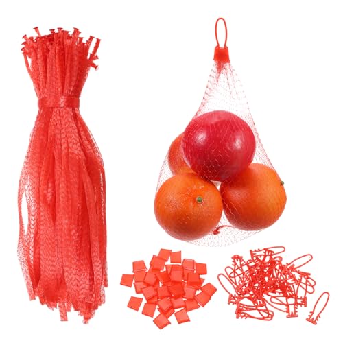 sourcing map 100 Pcs Reusable Mesh Produce Bags, 30cm/12 Inch Washable Net Storage Bags Reusable Grocery Reusable Storage Bags with Plastic Buckle for Fresh Fruit Vegetables Seafood, Red