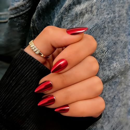 KQueenest Chrome Press On Nails Short Almond, Metallic Red Fake Nails With Glue, Sparkly Glue on Nails Press ons, Reusable Thick Stick on Nail for Women Party, Glazed Mirror Effect, 30 Pcs
