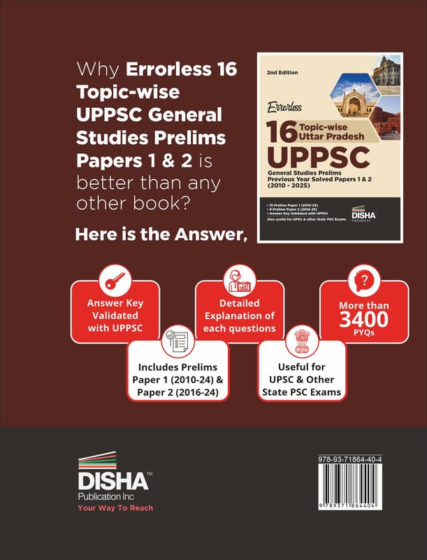 Image of Disha Errorless 16 Topic-wise Uttar Pradesh UPPSC General Studies Prelims Previous Year Solved Papers 1 & 2 (2010 - 25) 2nd Edition | UPPCS PYQs Question Bank