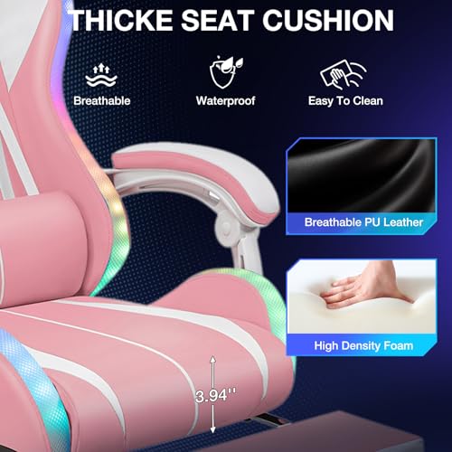 Image of HOFFREE Gaming Chair with LED RGB Lights with Massage and Footrest Ergonomic Computer Chair High Back Video Game Chair with Adjustable Lumbar Support Linkage Armrest Pink and White