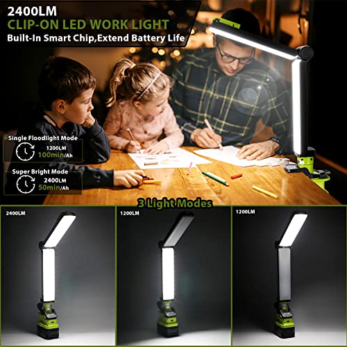 Image of Taingwei 2400LM LED Work Light Clip on Light for Ryobi 18v Battery, 30W Flood Light for Car Repairing, Camping, Emergency and Job Site Lighting