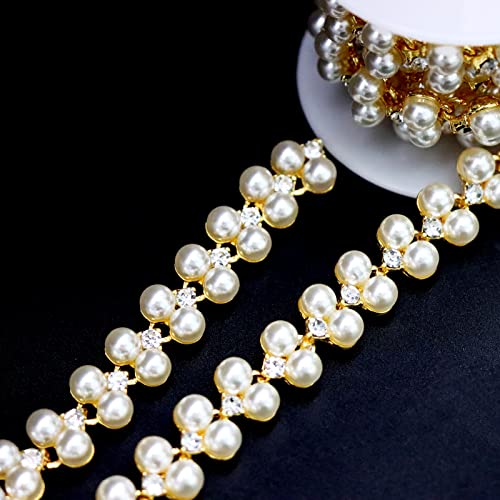 Jegoyer 1 Yard Pearl Beaded Rhinestone Trim, Crystal Close Chain Applique, Rhinestone Banding, Ideal For Sewing Crafts Wedding Bouquet Party Clothing Diy Decoration #TOP5