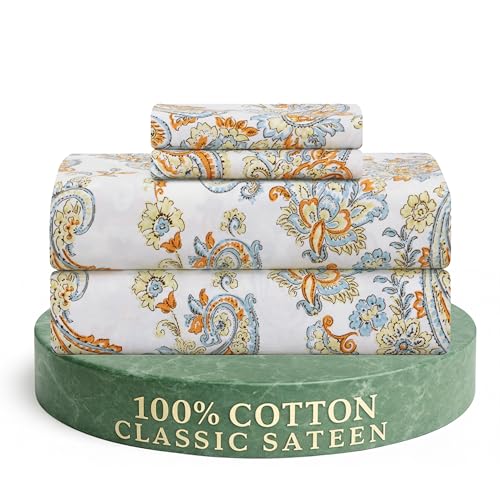 Feather & Stitch 300TC Queen Size 100% Cotton Sateen Weave Printed Sheet Set, Cooling & Breathable Bed Sheets Set, 4 Piece 16