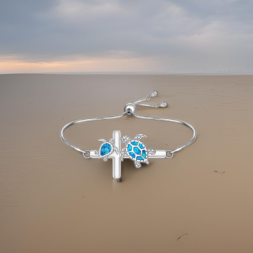 Fenthring Turtle Bracelet Cross Sea Turtle Bracelet for Women Sterling Silver Turtle Bracelets Ocean Beach Hawaiian Adjustable Turtles Gifts - Image 6