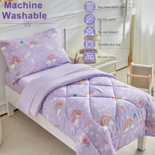Image of DuShow Toddler Bedding Set Purple Rainbow Comforter Set for Girls Soft Cozy Bed Set