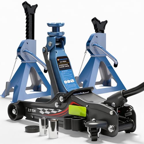 LARBANKE 2.5 Ton Low Profile Floor Jack with 2 Jack Stands Kit 5500 lbs Hydraulic Car Jack Set Includes Free Lug Nut Sockets & Rubber Pad Complete Maintenance Kit