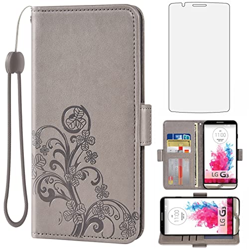 Asuwish Compatible with LG G3 Wallet Case and Tempered Glass Screen Protector Flip Purse Accessories Wrist Strap Credit Card Holder Stand Cell Leather Phone Cover for LGG3 LG3 D850 D851 Women Men Grey