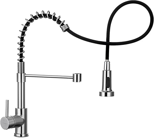 Miniatura 79 de WEWE Llave de cocina dorada cepillado con pulverizador desplegable, llave con resorte de latón/acero inoxidable, un mango, con placa de cubierta, 1