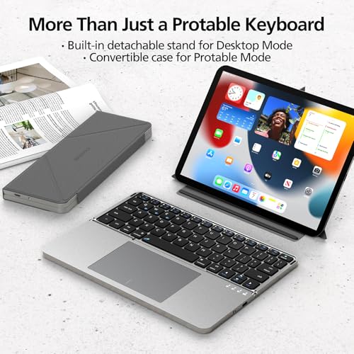 Image of Mircopack Foldable Bluetooth Keyboard with Touchpad and Stand for iPad /iPhone /MacBook,3-Device Ultra Slim PU Leather Magnetic Cover Portable Rechargeable Keyboard for macOS and iOS-Gray