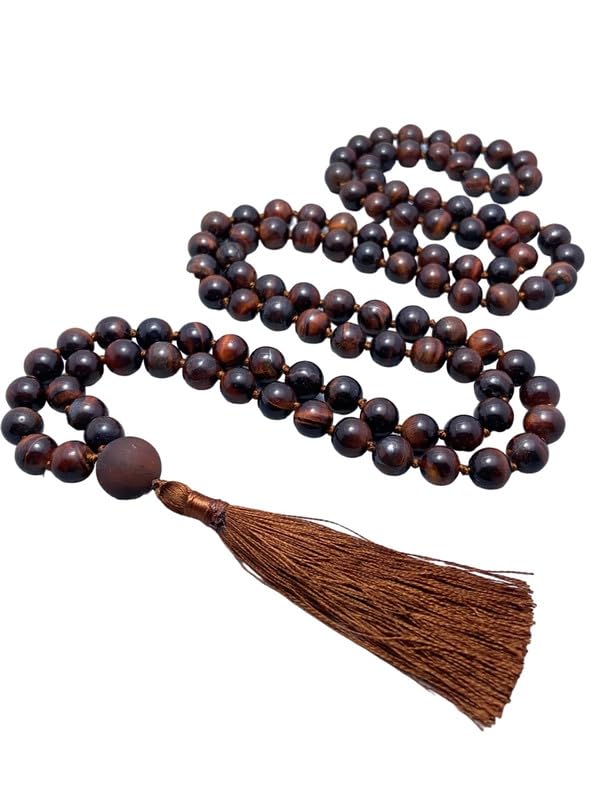 Collier Mala œil de tigre rouge naturel AAA avec pompon traditionnel
