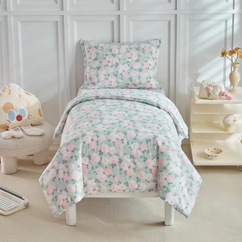 JHCHMX Juego de funda de edredón para cuna, juego de ropa de cama infantil con patrón floral verde, funda de edredón reversible suave con funda de almohada, juego de ropa de cama para niños, 120 x 150