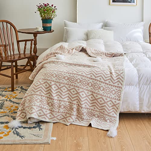 Ultra Soft Cozy Bohemian Geometric Tassels Blanket Microfiber Knitted Throw Blanket Lightweight Fleece Decorative For Sofa Bed Farmhouse 51X63 Inches (Beige, Throw 51"X63") #TOP2