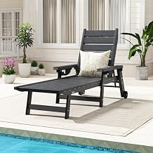 Outdoor Lounge Chair, HDPE Chaise Lounge 5-Level Adjustable Backrest, Pool Lounge Chair with Wheels and Cup Holder, Waterproof Pool Plastic Recliner Chair for Patio Beach Poolside, Black
